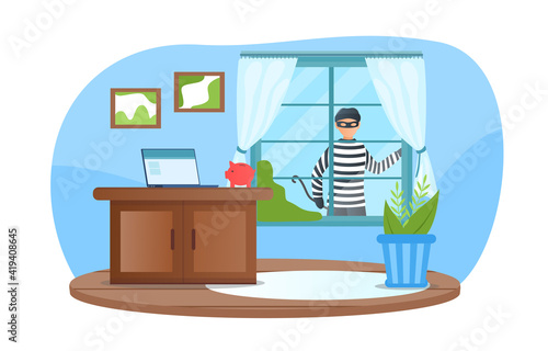 Male criminal in mask is looking through window planning to break in. Burglar watching before break in an unprotected apartment, not guarded empty room. Flat cartoon vector illustration