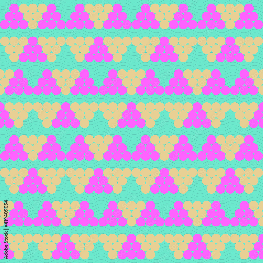 Spring seamless geometric pattern with the image of beads, balls, pyramids, coins. Vector design for web banner, business presentation, brand package, fabric, print, wallpaper, postcard.
