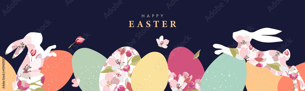 Happy Easter banner. Trendy Easter design with border made of eggs, bunnies and spring flowers in pastel colors on dark blue. Modern flat style. Horizontal poster, greeting card, header for website Happy Easter banner. Trendy Easter design with border made of eggs, bunnies and spring flowers in pastel colors on dark blue. Modern flat style. Horizontal poster, greeting card, header for website