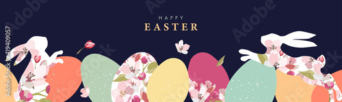 Happy Easter banner. Trendy Easter design with border made of eggs, bunnies and spring flowers in pastel colors on dark blue. Modern flat style. Horizontal poster, greeting card, header for website