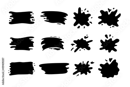 Hand drawn blob elements ink paint splash stain spot splatter different shapes. Isolated cut out vector illustration for sticker label banner design