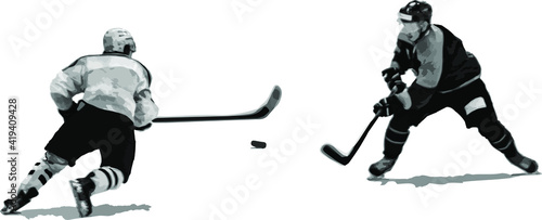 Photography Monochrome vector illustration of ice hockey players isolated on background