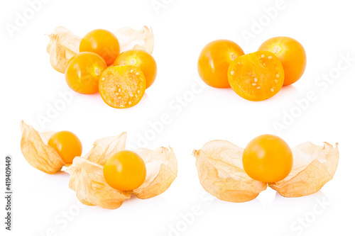 Set fresh cape gooseberry fruit with high vitamin C on white background, health care medical concept