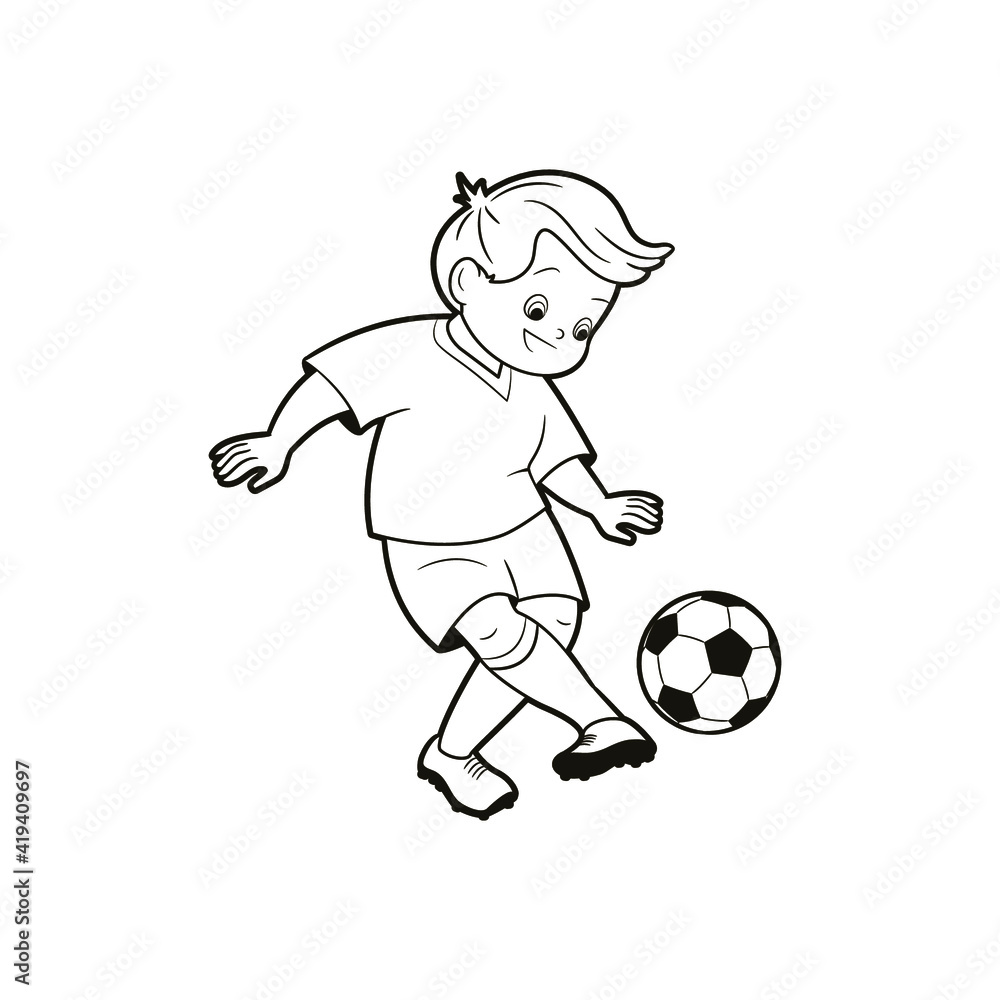 Obraz premium coloring book: a boy in the uniform of a football player kicks the ball across the football field. Vector illustration in cartoon style, black and white line art