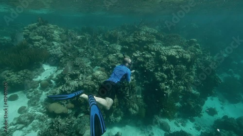 Wallpaper Mural Slow Motion: Man Snorkeling While Moving Up Over Coral Reef Torontodigital.ca
