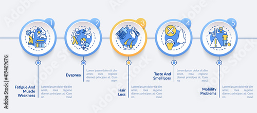 Descriptions of symptoms vector infographic template. Disease presentation design elements. Data visualization with 5 steps. Process timeline chart. Workflow layout with linear icons