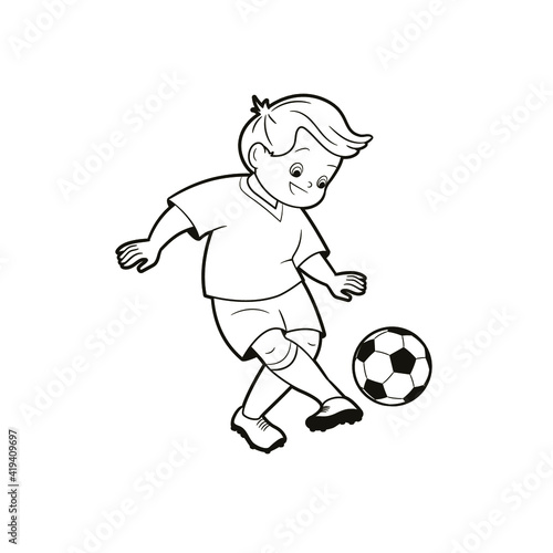 coloring book  a boy in the uniform of a football player kicks the ball across the football field. Vector illustration in cartoon style  black and white line art