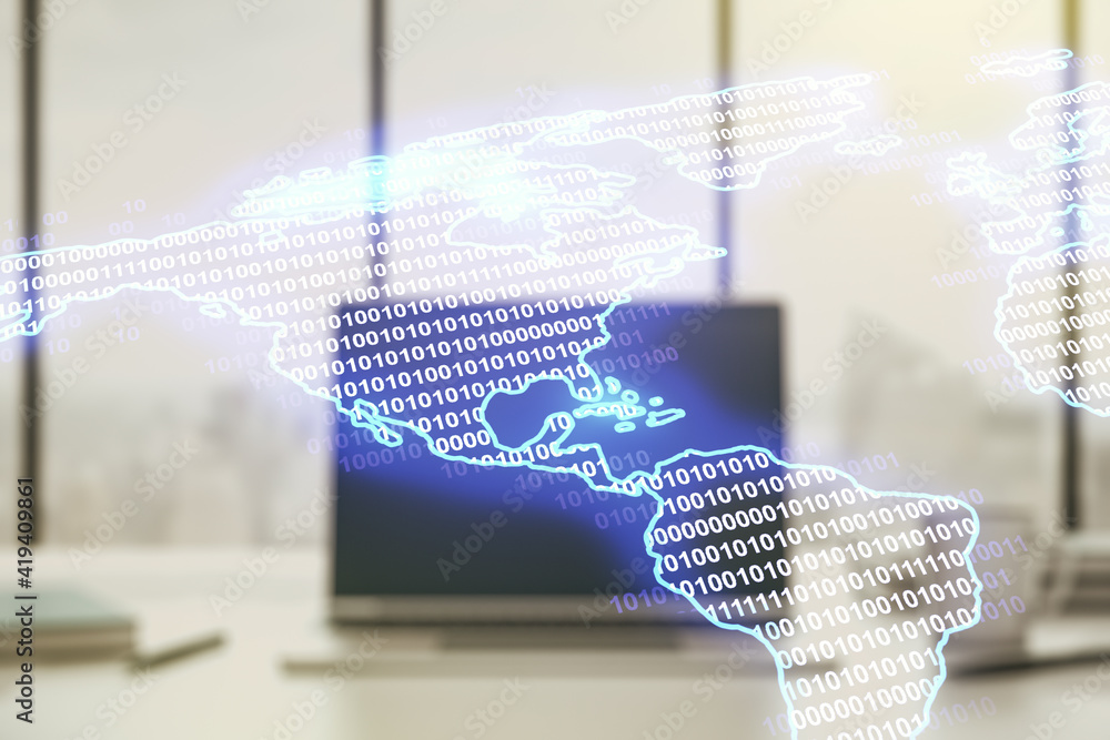 Digital America map on modern computer background, global technology concept. Multiexposure Digital America map on modern computer background, global technology concept. Multiexposure