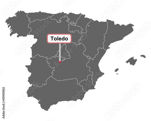 Landkarte von Spanien mit Ortsschild von Toledo