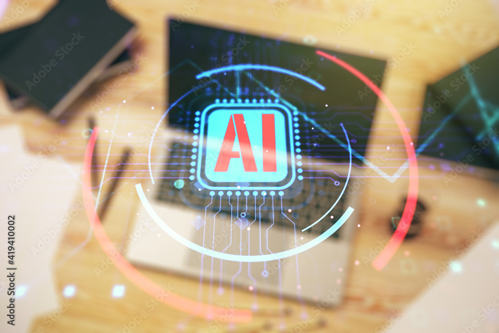 Obraz premium Double exposure of creative artificial Intelligence abbreviation with computer on background. Future technology and AI concept