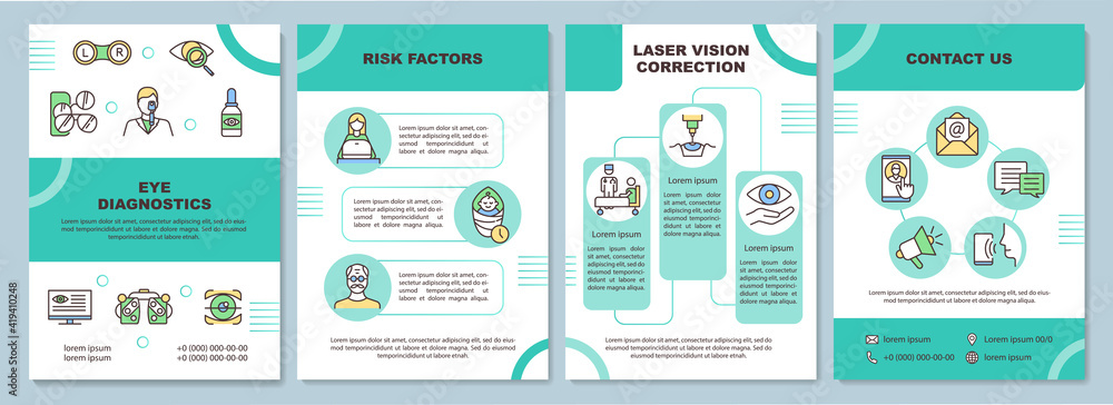 Eye diagnostics brochure template. Healthcare and treatment. Flyer, booklet, leaflet print, cover design with linear icons. Vector layouts for magazines, annual reports, advertising posters
