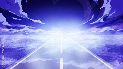 直線道路の風景イラスト_霧_16:9