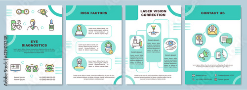 Eye diagnostics brochure template. Healthcare and treatment. Flyer, booklet, leaflet print, cover design with linear icons. Vector layouts for magazines, annual reports, advertising posters