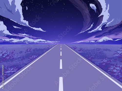 直線道路の風景イラスト_夜