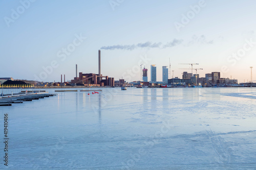 Finland, Helsinki, March 3, 2021. Dawn, Spring panorama of Helsinki, view of the Katajanokka and Krununhakka districts in the foreground the Gulf of Finland
