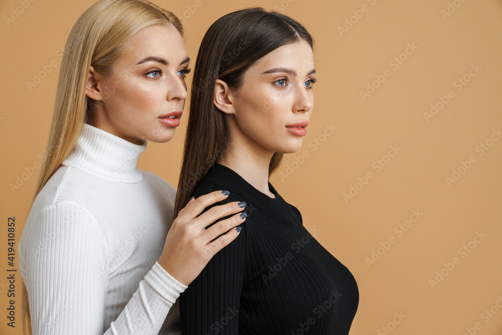 Beautiful young two women posing and looking aside Beautiful young two women posing and looking aside