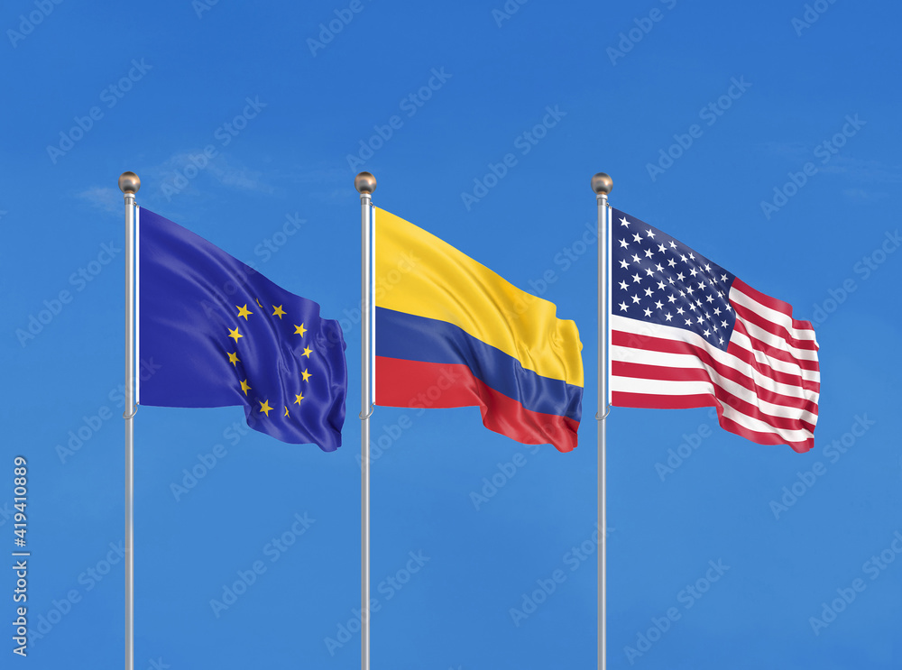 Three flags. USA (United States of America), EU (European Union) and Colombia. 3D illustration.