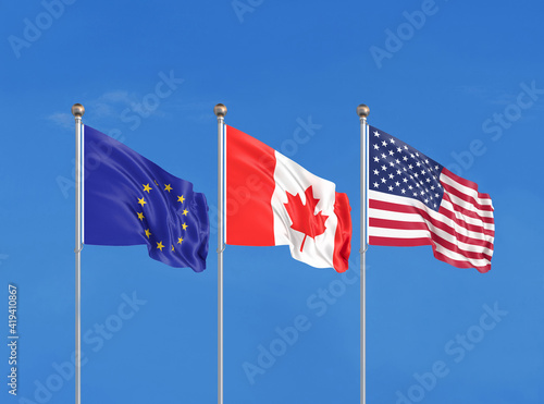 Three flags. USA (United States of America), EU (European Union) and Canada. 3D illustration.