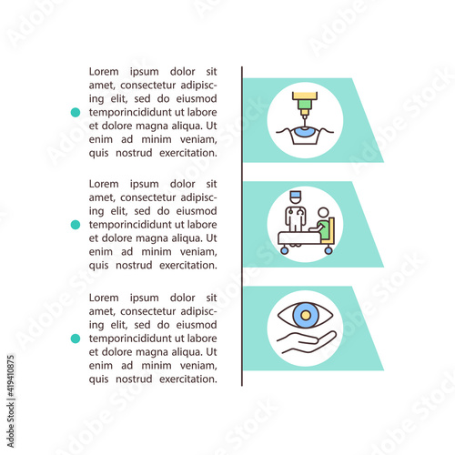 Laser vision correction concept icon with text. Refractive surgery. Cornea and adjust lens system. PPT page vector template. Brochure, magazine, booklet design element with linear illustrations