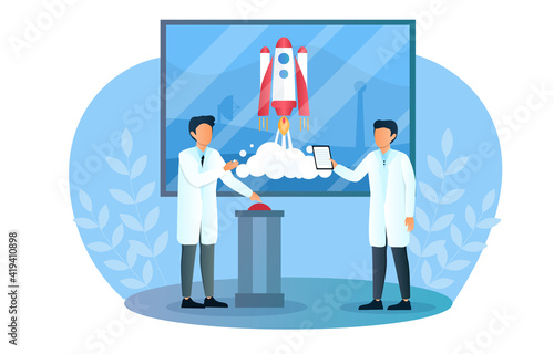 Two male scientists are launching a rocket together. Huge rocket is launching in space on a big screen. Man in white robe pushes red button. Flat cartoon vector illustration