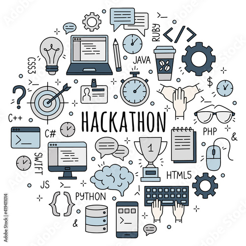 Hackathon and datathon set of doodle style icons.