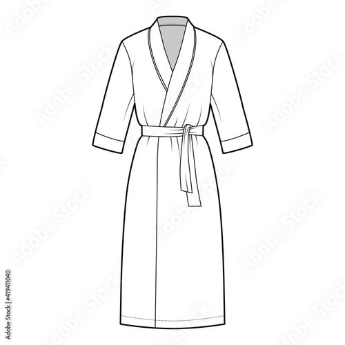 Bathrobe Dressing gown technical fashion illustration with wrap opening, knee length, oversized, tie, elbow sleeves. Flat apparel garment front, white color style. Women, men unisex CAD mockup