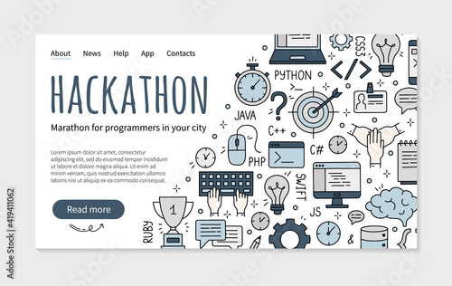 Hackathon and datathon landing page in Doodle style. Vector template for the event for developers, programmers and managers