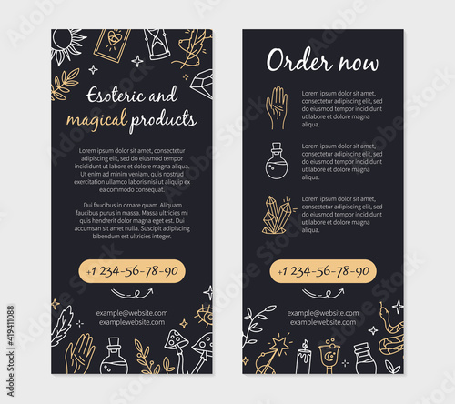 Leaflet or flyer in Doodle style for a magic and witchcraft shop with esoteric items. Vector template with mystical symbols