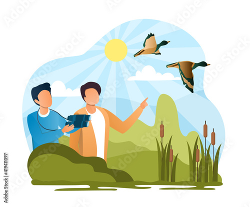 Two male characters watching the birds with binoculars. Concept of birdwatching hobby, exploring nature. Two friends observing flying birds studying wildlife outdoor. Flat cartoon vector illustration
