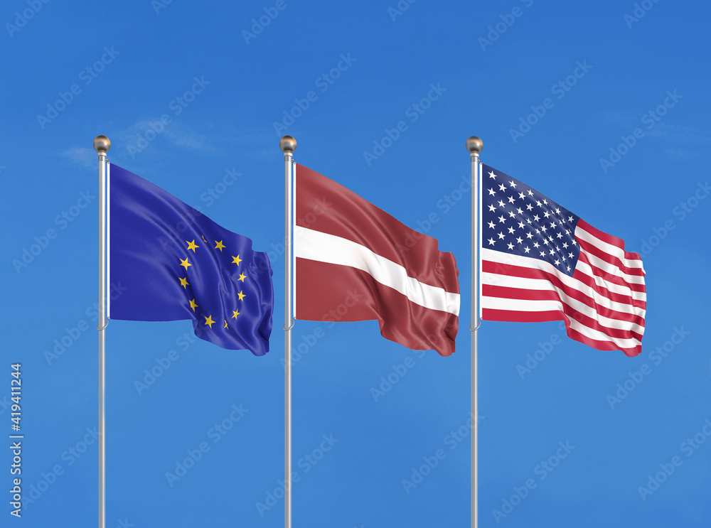 Three flags. USA (United States of America), EU (European Union) and Latvia. 3D illustration. Three flags. USA (United States of America), EU (European Union) and Latvia. 3D illustration.