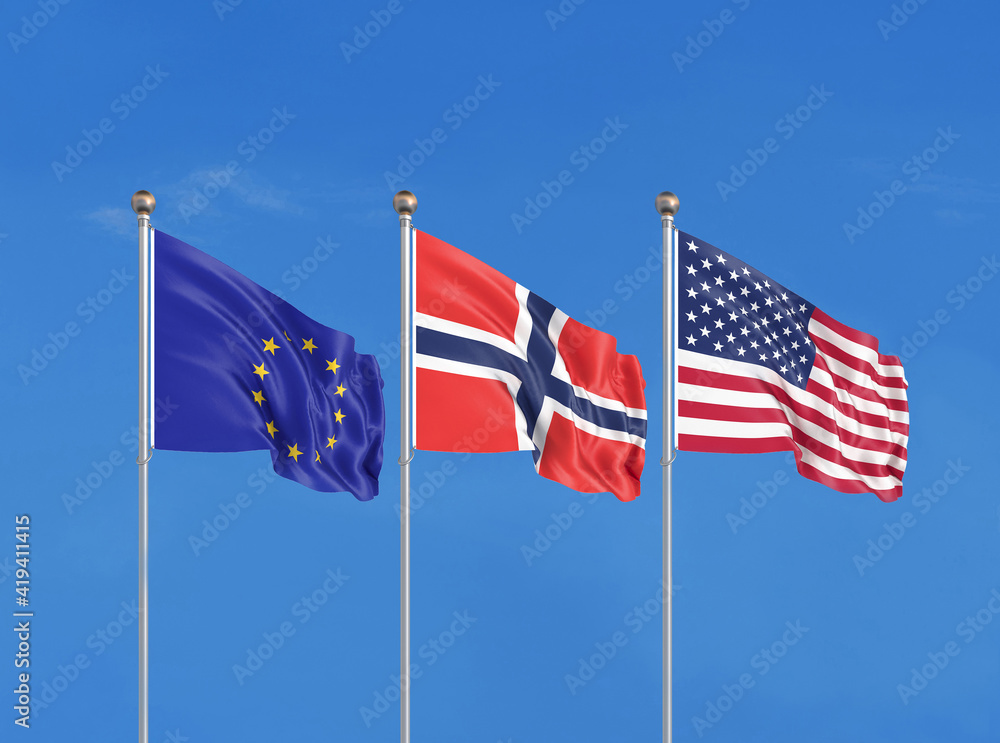 Three flags. USA (United States of America), EU (European Union) and Norway. 3D illustration.