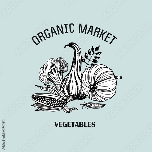 Logo for organic products. Organic market. Freehand drawing. Vector illustration. 