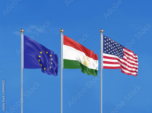 Three flags. USA (United States of America), EU (European Union) and Tajikistan. 3D illustration.