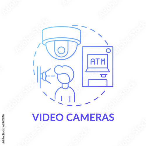 Video cameras concept icon. Monitoring safety of people idea thin line illustration. ATM surveillance. Security environmental. Privacy information. Vector isolated outline RGB color drawing