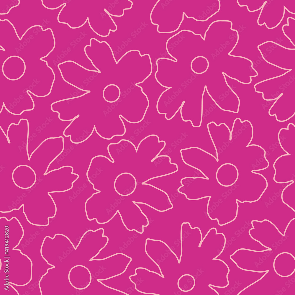 Vector Pink Bold flowers line art seamless pattern background. Perfect for fashion and textiles projects, wallpaper, stationary, phone cases, tablets cases.