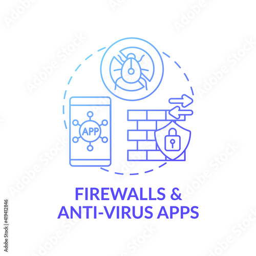 Firewall and anti-virus apps concept icon. Control and filtering of network traffic idea thin line illustration. Safety of information. Apps on gadgets. Vector isolated outline RGB color drawing