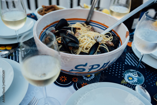 Closeup of spaghetti with mussels alla Tarantina photo