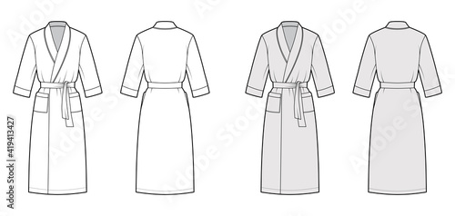 Bathrobe Dressing gown technical fashion illustration with wrap opening, knee length, oversized, tie, elbow sleeves. Flat apparel front back, white, grey color style. Women, men, unisex CAD mockup