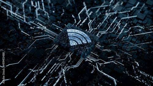 Wireless Technology Concept with wifi symbol on a Microchip. Data flows from the CPU across a Futuristic Motherboard. 3D render.
