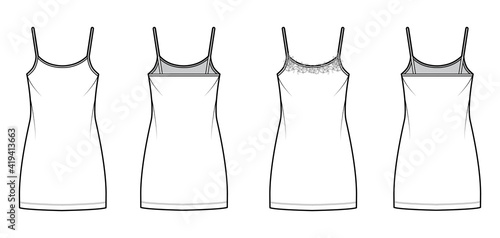 Set of Chemise dresses Sleepwear Pajama technical fashion illustration with mini length, lace, oversized, scoop neck cami, pencil silhouette. Flat front, back white color style. Women men CAD mockup