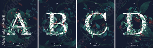 ABCD letters in flowers and leaves. Vector floral background. Postcard with text, branches, foliage and flowers on dark background. Poster, invitation, postcard or cover.