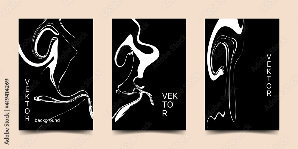 Vector abstract poster template with liquid lines. White wavy lines on a black background. Design for banner, flyer, invitation, cover, business card.