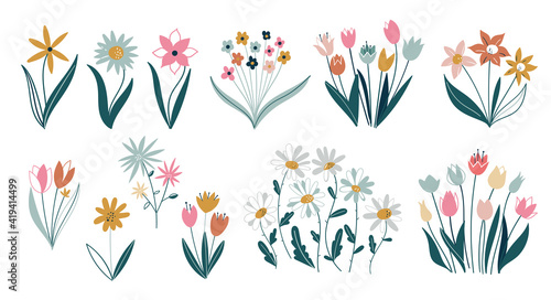 Set of differents flowers on white background. ollection with roses, leaves, floral bouquets, flower compositions. Set of floral branch. Flower pink rose, green leaves. Spring flowers.