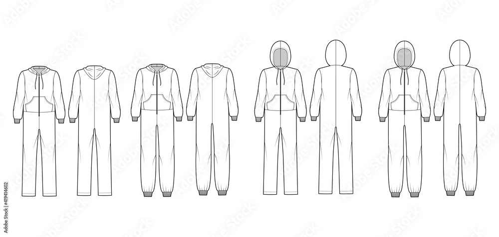 Set of Onesie overall jumpsuit sleepwear technical fashion illustration with full length, oversized, hood, zipper closure, kangaroo pouch. Flat front back, white color style. Women unisex CAD mockup