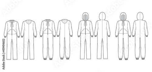 Set of Onesie overall jumpsuit sleepwear technical fashion illustration with full length, oversized, hood, zipper closure, kangaroo pouch. Flat front back, white color style. Women unisex CAD mockup