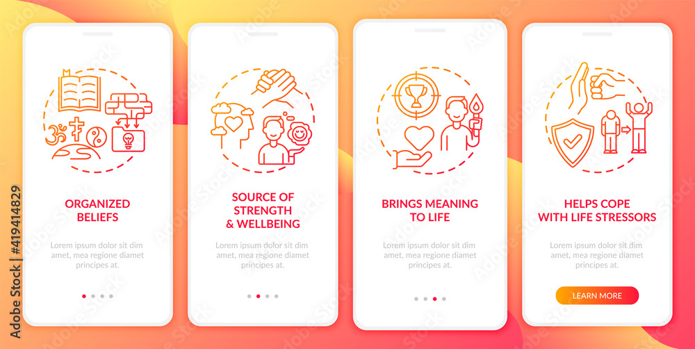 Religious faith value red onboarding mobile app page screen with concepts. Source of strength. Meaning of life walkthrough 4 steps graphic instructions. UI vector template with RGB color illustrations
