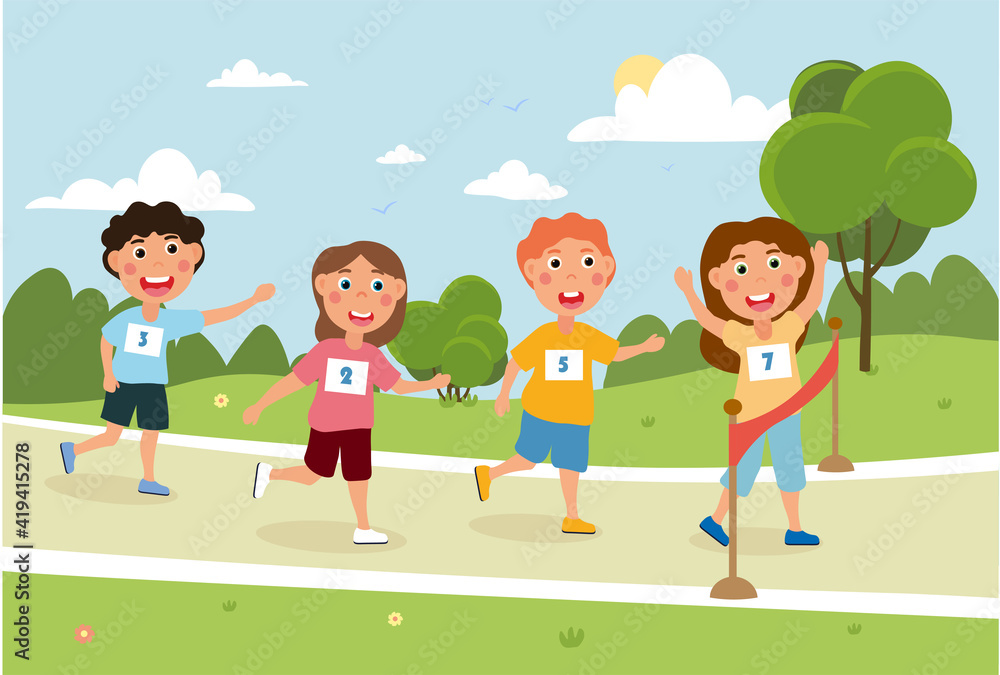 Little children are running outside in the park. Little happy girl celebrating her first win in running. Kids are participating in run together. Flat cartoon vector illustration