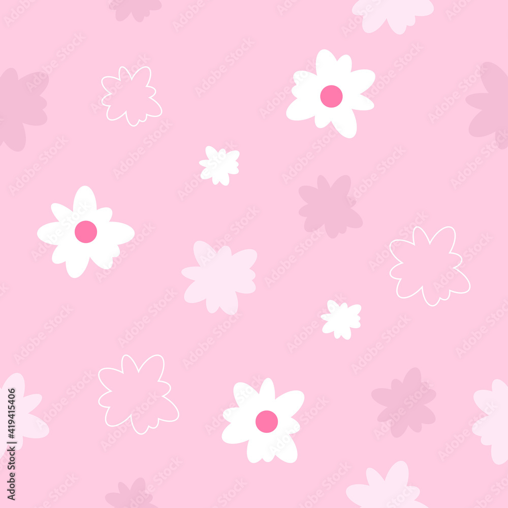 Raster flat seamless floral pattern on a pink background. Flowers on a pink background
