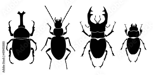 Vector collection of 4 insects silhouettes.Rhinoceros beetle, ground beetle, stag beetle male, stag beetle female. Minimal graphic illustration.