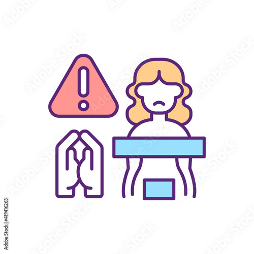 Religious pressure on female sexuality RGB color icon. Religion controversy. Society restriction. Conflict in faith and human rights. Discrimination and harassment. Isolated vector illustration